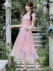 画像1: [ERUKEI/GINZA COUTUR]ピンク・ネイビー・Aライン・フワラーモチーフ・総レース・ミディアムドレス・ワンピース[送料無料] (1)