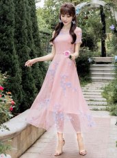 画像3: [ERUKEI/GINZA COUTUR]ピンク・ネイビー・Aライン・フワラーモチーフ・総レース・ミディアムドレス・ワンピース[送料無料] (3)