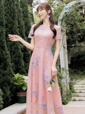 画像7: [ERUKEI/GINZA COUTUR]ピンク・ネイビー・Aライン・フワラーモチーフ・総レース・ミディアムドレス・ワンピース[送料無料] (7)