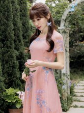 画像9: [ERUKEI/GINZA COUTUR]ピンク・ネイビー・Aライン・フワラーモチーフ・総レース・ミディアムドレス・ワンピース[送料無料] (9)