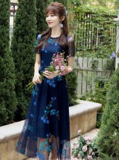 画像8: [ERUKEI/GINZA COUTUR]ピンク・ネイビー・Aライン・フワラーモチーフ・総レース・ミディアムドレス・ワンピース[送料無料] (8)