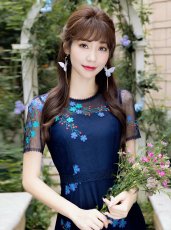 画像10: [ERUKEI/GINZA COUTUR]ピンク・ネイビー・Aライン・フワラーモチーフ・総レース・ミディアムドレス・ワンピース[送料無料] (10)