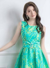 画像15: [SALE品のため返品不可＆再入荷なしの現品限り][ERUKEI]プリント・パールビジュー・ウエストマーク・ノースリーブ・フレア・Aライン・ミニドレス・ワンピース[黒木麗奈着用][送料無料] (15)
