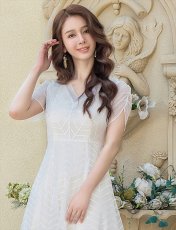 画像16: [ERUKEI]ブラック・ワインレッド・ホワイト・ピンク・総レース・半袖・Vネック・ハイウエスト・Aライン・ミディアムドレス・ワンピース[山崎みどり着用]《送料＆代引き手数料無料》 mybk (16)