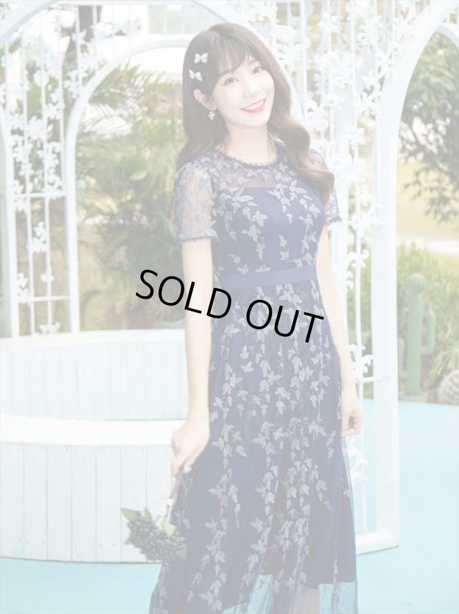 画像2: [SALE品のため返品不可＆再入荷なしの現品限り][ERUKEI/GINZA COUTURE]ネイビー・蔦柄・半袖・レース・チュール・Aライン・ミディアムドレス・ワンピース (2)
