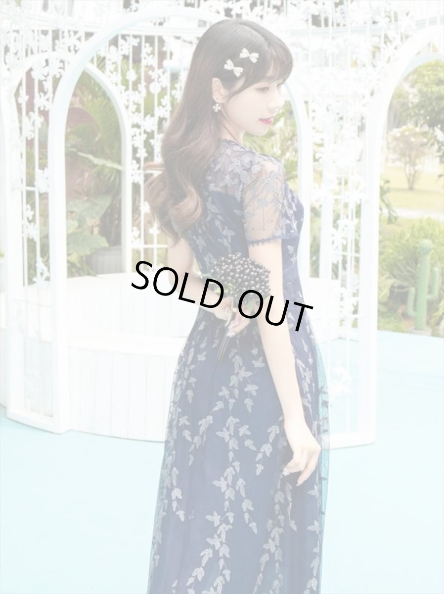 画像3: [SALE品のため返品不可＆再入荷なしの現品限り][ERUKEI/GINZA COUTURE]ネイビー・蔦柄・半袖・レース・チュール・Aライン・ミディアムドレス・ワンピース (3)
