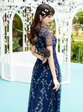 画像3: [ERUKEI/GINZA COUTURE]ネイビー・蔦柄・半袖・レース・チュール・Aライン・ミディアムドレス・ワンピース[送料無料] (3)