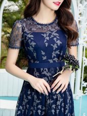 画像4: [ERUKEI/GINZA COUTURE]ネイビー・蔦柄・半袖・レース・チュール・Aライン・ミディアムドレス・ワンピース[送料無料] (4)