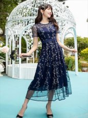 画像5: [ERUKEI/GINZA COUTURE]ネイビー・蔦柄・半袖・レース・チュール・Aライン・ミディアムドレス・ワンピース[送料無料] (5)