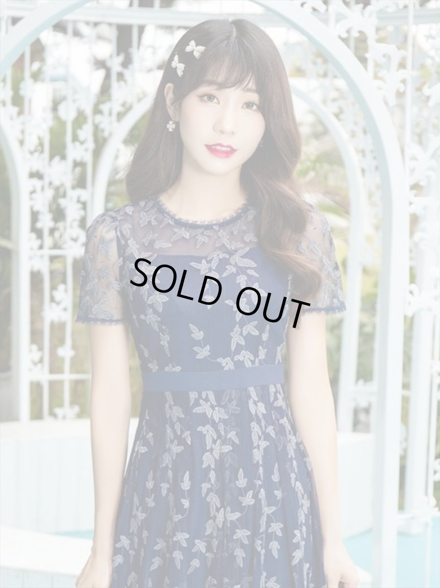 画像6: [SALE品のため返品不可＆再入荷なしの現品限り][ERUKEI/GINZA COUTURE]ネイビー・蔦柄・半袖・レース・チュール・Aライン・ミディアムドレス・ワンピース (6)