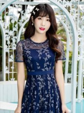 画像6: [ERUKEI/GINZA COUTURE]ネイビー・蔦柄・半袖・レース・チュール・Aライン・ミディアムドレス・ワンピース[送料無料] (6)