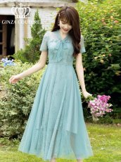 画像1: [ XS-Lサイズ / 1カラー ][ERUKEI/GINZA COUTURE]グリーン・リボン・ドット・花柄・半袖・レース・チュール・Aライン・ミディアムドレス・ワンピース[送料無料] (1)