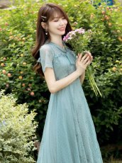 画像2: [ XS-Lサイズ / 1カラー ][ERUKEI/GINZA COUTURE]グリーン・リボン・ドット・花柄・半袖・レース・チュール・Aライン・ミディアムドレス・ワンピース[送料無料] (2)