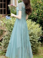 画像3: [ XS-Lサイズ / 1カラー ][ERUKEI/GINZA COUTURE]グリーン・リボン・ドット・花柄・半袖・レース・チュール・Aライン・ミディアムドレス・ワンピース[送料無料] (3)