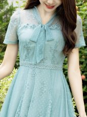 画像4: [ XS-Lサイズ / 1カラー ][ERUKEI/GINZA COUTURE]グリーン・リボン・ドット・花柄・半袖・レース・チュール・Aライン・ミディアムドレス・ワンピース[送料無料] (4)