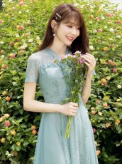 画像5: [ XS-Lサイズ / 1カラー ][ERUKEI/GINZA COUTURE]グリーン・リボン・ドット・花柄・半袖・レース・チュール・Aライン・ミディアムドレス・ワンピース[送料無料] (5)