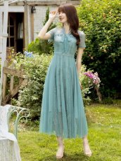 画像6: [ XS-Lサイズ / 1カラー ][ERUKEI/GINZA COUTURE]グリーン・リボン・ドット・花柄・半袖・レース・チュール・Aライン・ミディアムドレス・ワンピース[送料無料] (6)