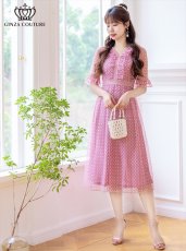 画像1: [ XS-Lサイズ / 2カラー ][ERUKEI/GINZA COUTURE]ピンク・ブルー・Vネック・5分袖・Aライン・チェック・プリント・レース・ミディアムドレス・ワンピース[送料無料] (1)