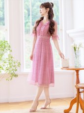 画像3: [ XS-Lサイズ / 2カラー ][ERUKEI/GINZA COUTURE]ピンク・ブルー・Vネック・5分袖・Aライン・チェック・プリント・レース・ミディアムドレス・ワンピース[送料無料] (3)