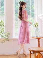 画像5: [ XS-Lサイズ / 2カラー ][ERUKEI/GINZA COUTURE]ピンク・ブルー・Vネック・5分袖・Aライン・チェック・プリント・レース・ミディアムドレス・ワンピース[送料無料] (5)