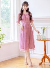 画像11: [ XS-Lサイズ / 2カラー ][ERUKEI/GINZA COUTURE]ピンク・ブルー・Vネック・5分袖・Aライン・チェック・プリント・レース・ミディアムドレス・ワンピース[送料無料] (11)