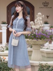 画像2: [ XS-Lサイズ / 2カラー ][ERUKEI/GINZA COUTURE]ピンク・ブルー・Vネック・5分袖・Aライン・チェック・プリント・レース・ミディアムドレス・ワンピース[送料無料] (2)