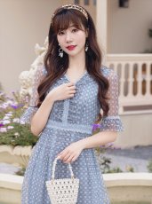 画像8: [ XS-Lサイズ / 2カラー ][ERUKEI/GINZA COUTURE]ピンク・ブルー・Vネック・5分袖・Aライン・チェック・プリント・レース・ミディアムドレス・ワンピース[送料無料] (8)