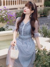 画像10: [ XS-Lサイズ / 2カラー ][ERUKEI/GINZA COUTURE]ピンク・ブルー・Vネック・5分袖・Aライン・チェック・プリント・レース・ミディアムドレス・ワンピース[送料無料] (10)