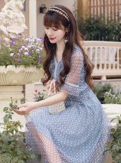 画像12: [ XS-Lサイズ / 2カラー ][ERUKEI/GINZA COUTURE]ピンク・ブルー・Vネック・5分袖・Aライン・チェック・プリント・レース・ミディアムドレス・ワンピース[送料無料] (12)