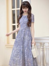 画像2: [ERUKEI/GINZA COUTURE]グレー・半袖・フラワープリント・総レース・Aライン・ミディアムドレス・ワンピース[送料無料] (2)