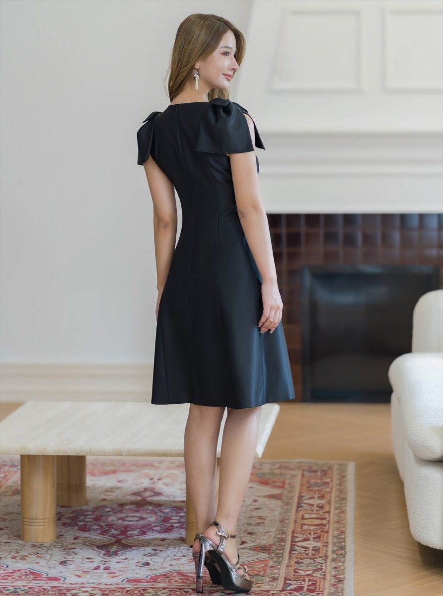 画像10: [ERUKEI/GINZA COUTURE]ベージュ・ピンク・レッド・ワインレッド・ブラック・半袖・シンプル・Ａライン・リボン・ミディアムドレス・ワンピース[送料無料] (10)