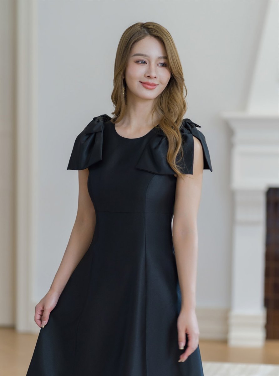 画像15: [ERUKEI/GINZA COUTURE]ベージュ・ピンク・レッド・ワインレッド・ブラック・半袖・シンプル・Ａライン・リボン・ミディアムドレス・ワンピース[送料無料] (15)