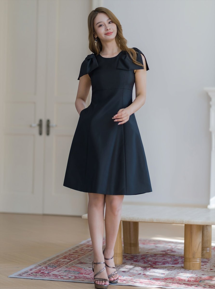 画像20: [ERUKEI/GINZA COUTURE]ベージュ・ピンク・レッド・ワインレッド・ブラック・半袖・シンプル・Ａライン・リボン・ミディアムドレス・ワンピース[送料無料] (20)