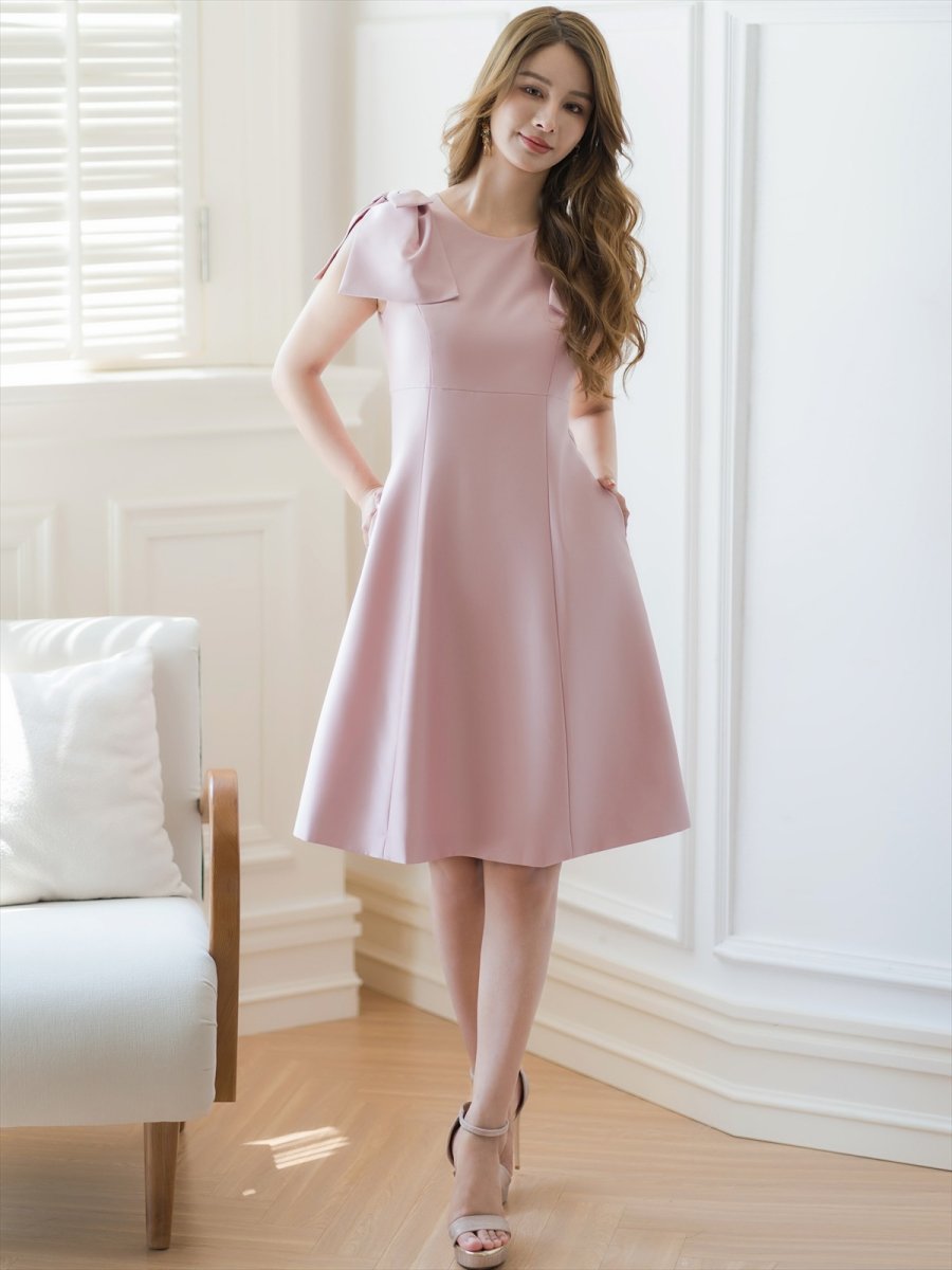 画像17: [ERUKEI/GINZA COUTURE]ベージュ・ピンク・レッド・ワインレッド・ブラック・半袖・シンプル・Ａライン・リボン・ミディアムドレス・ワンピース[送料無料] (17)