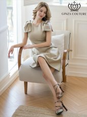 画像1: [ERUKEI/GINZA COUTURE]ベージュ・ピンク・レッド・ワインレッド・ブラック・半袖・シンプル・Ａライン・リボン・ミディアムドレス・ワンピース[送料無料] (1)