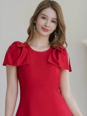 画像13: [ERUKEI/GINZA COUTURE]ベージュ・ピンク・レッド・ワインレッド・ブラック・半袖・シンプル・Ａライン・リボン・ミディアムドレス・ワンピース[送料無料] (13)