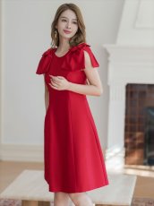 画像18: [ERUKEI/GINZA COUTURE]ベージュ・ピンク・レッド・ワインレッド・ブラック・半袖・シンプル・Ａライン・リボン・ミディアムドレス・ワンピース[送料無料] (18)