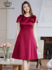 画像4: [ERUKEI/GINZA COUTURE]ベージュ・ピンク・レッド・ワインレッド・ブラック・半袖・シンプル・Ａライン・リボン・ミディアムドレス・ワンピース[送料無料] (4)