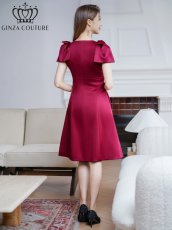 画像9: [ERUKEI/GINZA COUTURE]ベージュ・ピンク・レッド・ワインレッド・ブラック・半袖・シンプル・Ａライン・リボン・ミディアムドレス・ワンピース[送料無料] (9)