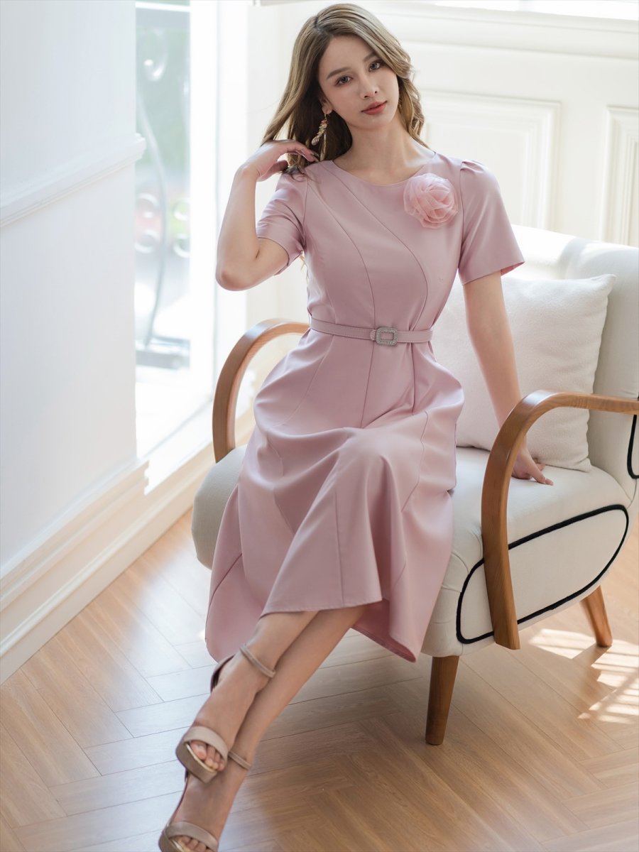 画像16: [ERUKEI/GINZA COUTURE]ピンク・レッド・ホワイト・半袖・シンプル・Ａライン・花・ミディアムドレス・ワンピース[送料無料] (16)