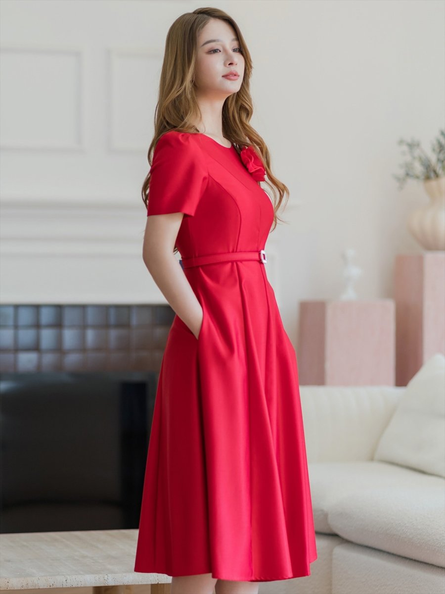 画像5: [ERUKEI/GINZA COUTURE]ピンク・レッド・ホワイト・半袖・シンプル・Ａライン・花・ミディアムドレス・ワンピース[送料無料] (5)