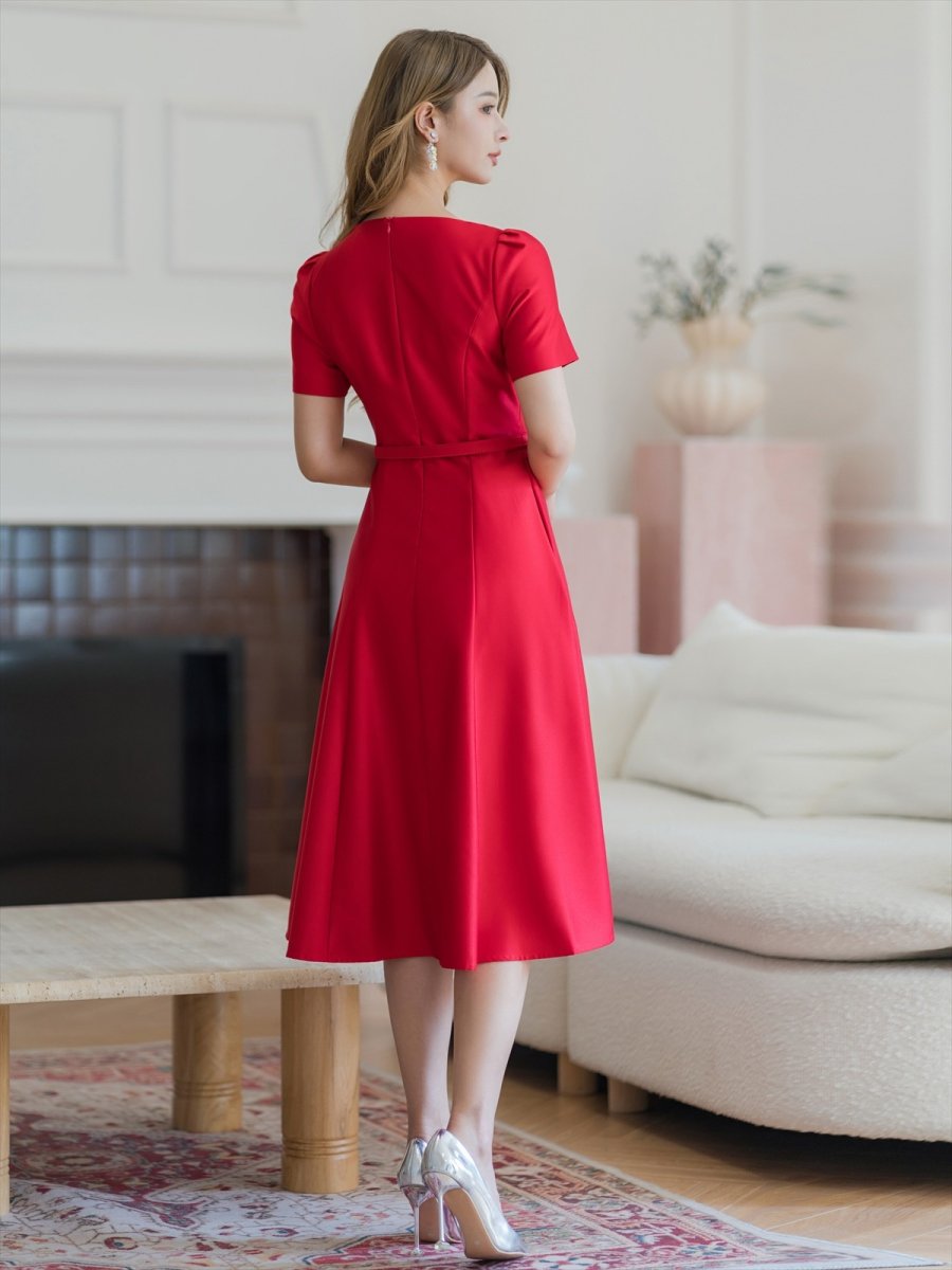 画像8: [ERUKEI/GINZA COUTURE]ピンク・レッド・ホワイト・半袖・シンプル・Ａライン・花・ミディアムドレス・ワンピース[送料無料] (8)