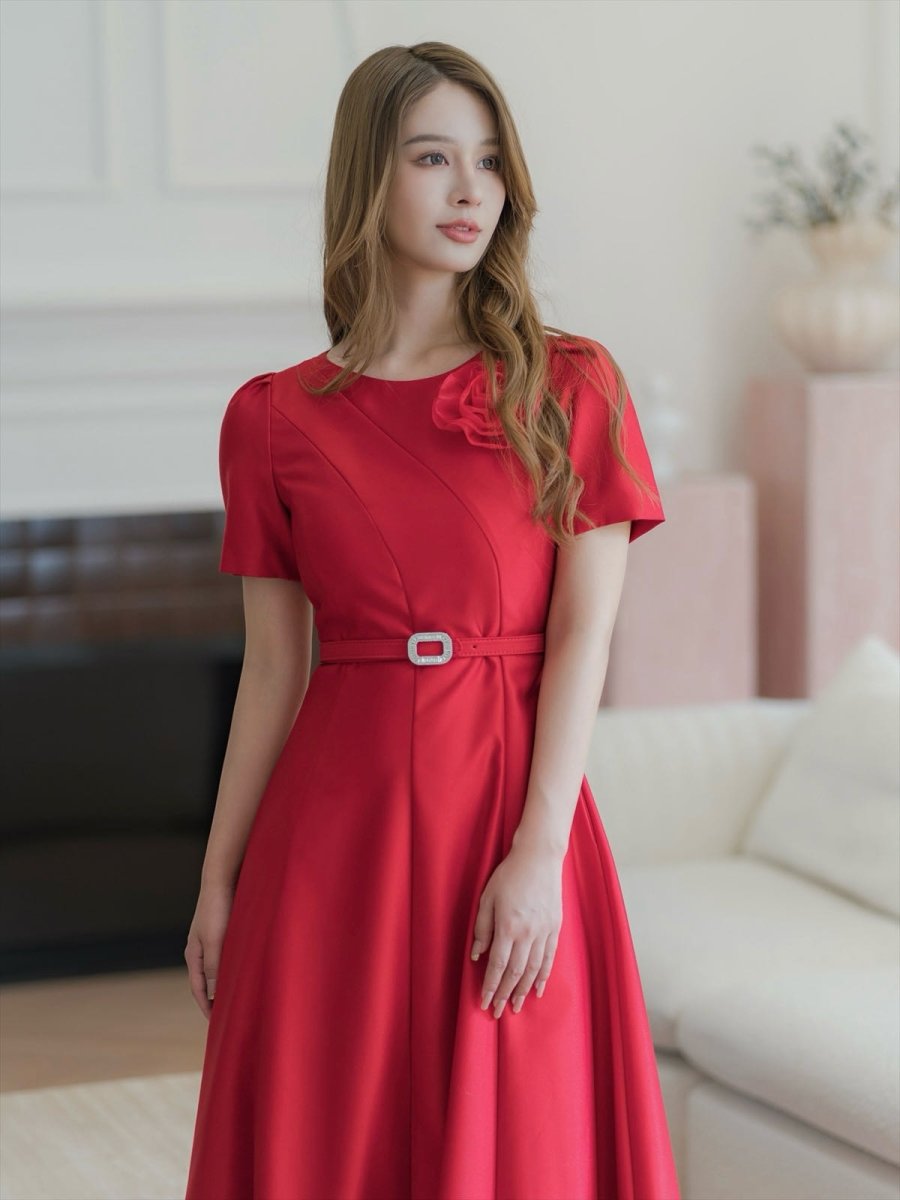 画像11: [ERUKEI/GINZA COUTURE]ピンク・レッド・ホワイト・半袖・シンプル・Ａライン・花・ミディアムドレス・ワンピース[送料無料] (11)