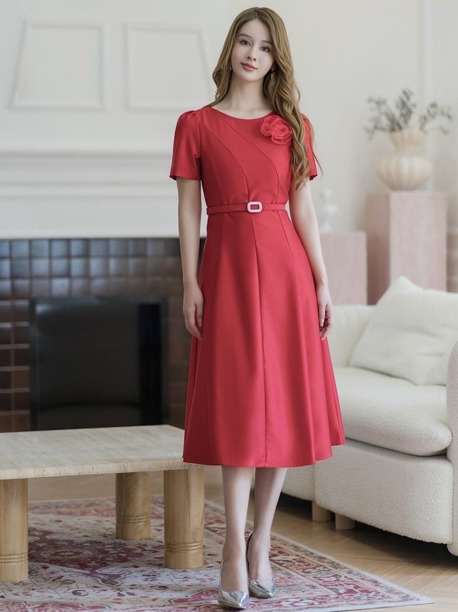 画像17: [ERUKEI/GINZA COUTURE]ピンク・レッド・ホワイト・半袖・シンプル・Ａライン・花・ミディアムドレス・ワンピース[送料無料] (17)