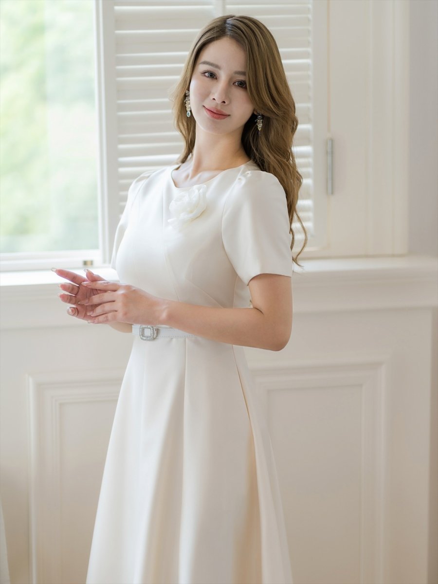 画像6: [ERUKEI/GINZA COUTURE]ピンク・レッド・ホワイト・半袖・シンプル・Ａライン・花・ミディアムドレス・ワンピース[送料無料] (6)