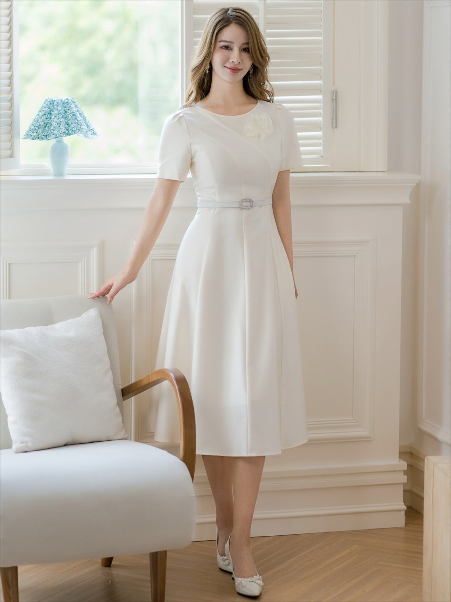 画像15: [ERUKEI/GINZA COUTURE]ピンク・レッド・ホワイト・半袖・シンプル・Ａライン・花・ミディアムドレス・ワンピース[送料無料] (15)