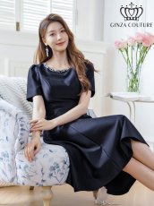 画像2: [ERUKEI/GINZA COUTURE]ピンク・ネイビー・半袖・ビジュー・ポケット・シンプル・Aライン・ミディアムドレス・ワンピース[送料無料] (2)