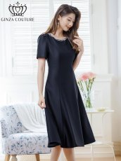 画像4: [ERUKEI/GINZA COUTURE]ピンク・ネイビー・半袖・ビジュー・ポケット・シンプル・Aライン・ミディアムドレス・ワンピース[送料無料] (4)