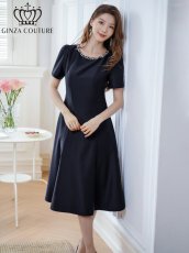 画像12: [ERUKEI/GINZA COUTURE]ピンク・ネイビー・半袖・ビジュー・ポケット・シンプル・Aライン・ミディアムドレス・ワンピース[送料無料] (12)