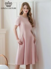 画像1: [ERUKEI/GINZA COUTURE]ピンク・ネイビー・半袖・ビジュー・ポケット・シンプル・Aライン・ミディアムドレス・ワンピース[送料無料] (1)